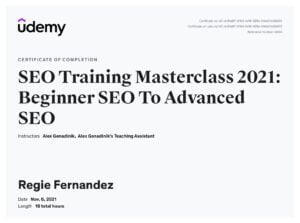 Regie Udemy SEO Master Class Certificate