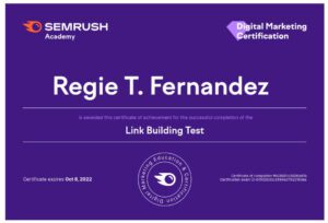 Regie Fernandez Semrush Link Building Test Certificate
